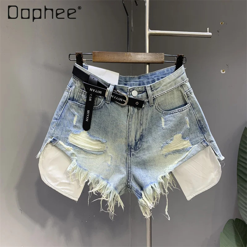 Ripped Denim Shorts Korean Style Female 2024 Summer Patchwork A-line High-waisted Wash Blue Sexy Jeans Street Fashion 4 Color