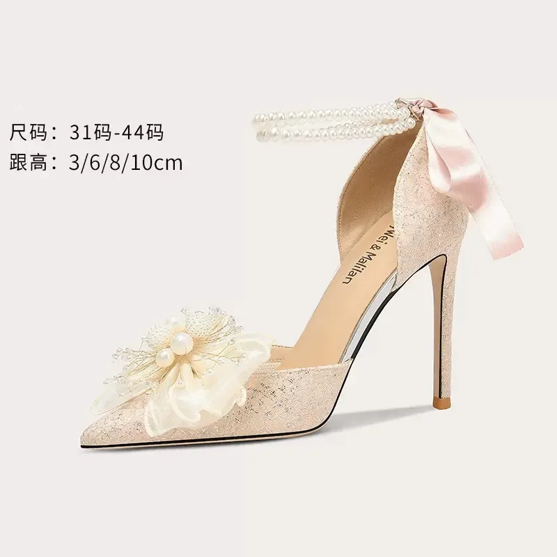 

Spring and summer new pointy sequin bow pearl sandals thin high heel banquet dress versatile large and small women's single shoe