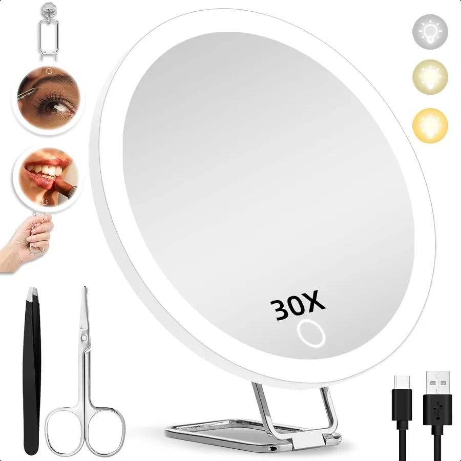 

30X Magnifying Mirror with Lights 6inch Makeup Magnified Mirror 30X Lighted Travel Magnification with 3 Suction Cups and 360 Ad