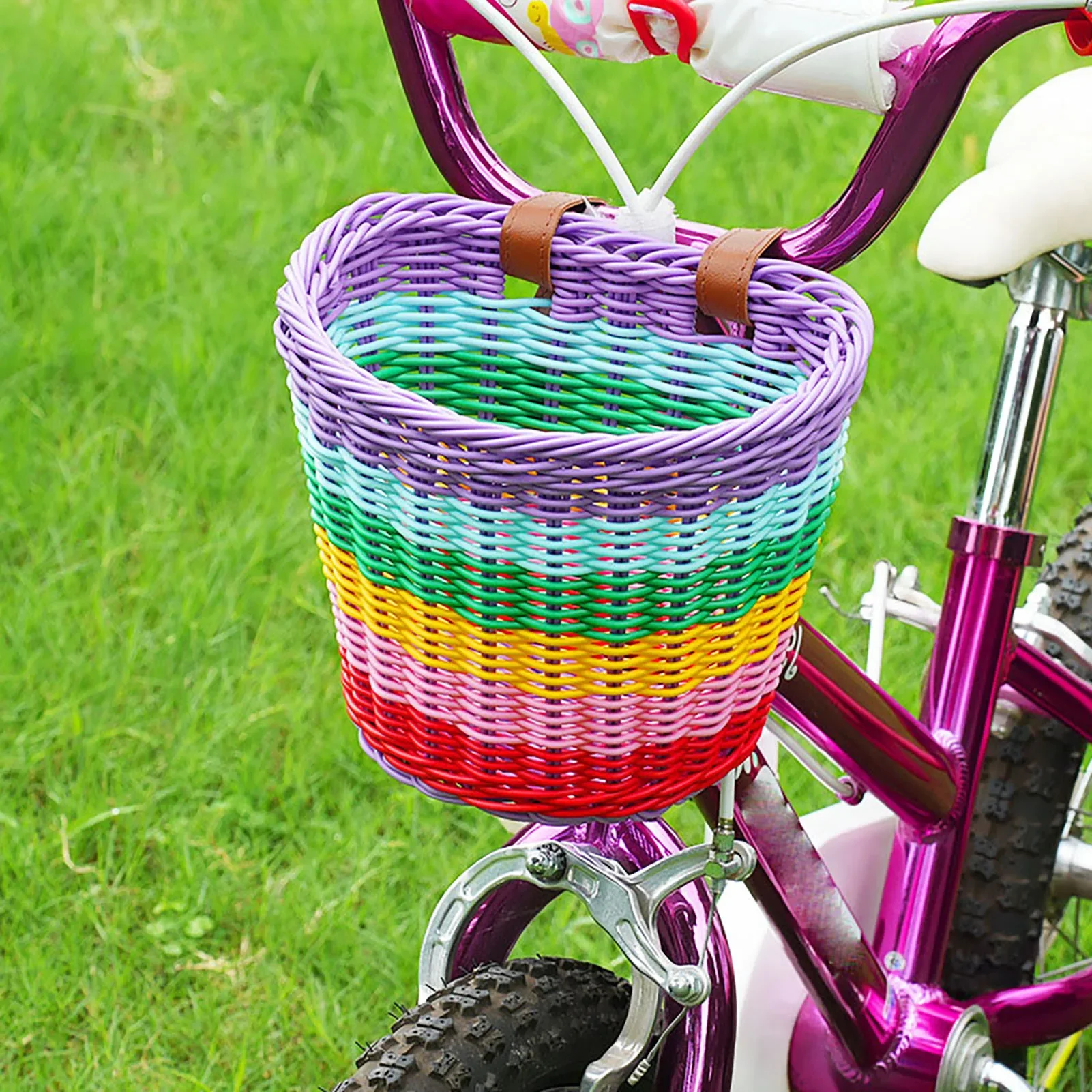 

Rainbow Color Bicycle Basket for Kid Front Handlebar Rattan Picnic Basket Plastic Bike Bag Water Bottle Dolls Bicycle Rack Bag