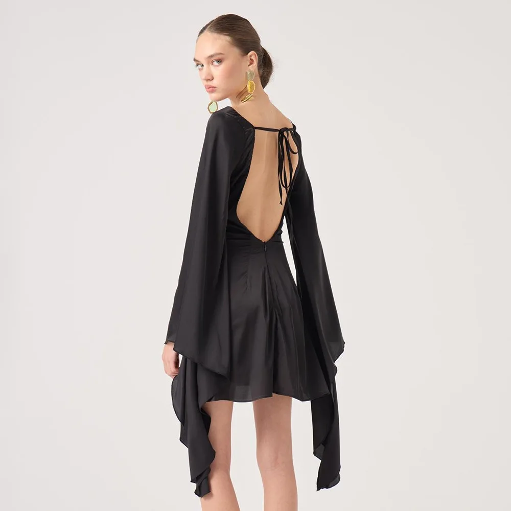 فستان قصير مناسب لخريف وشتاء 2025 من الساتان بدون ظهر للنساء بلون سادة وربطة عنق على شكل حرف U وأكمام تشبه جناح الخفّاش أنيق ومثير للحفلات #6