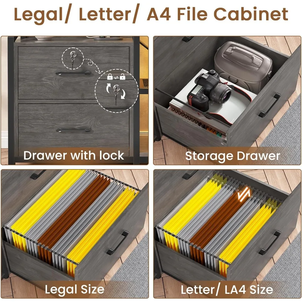 2 Drawer File Cabinet, Filing Cabinet fits Letter Legal,A4 Size,File Cabinets for Home Office with Lock,Power Strip,LED Lights