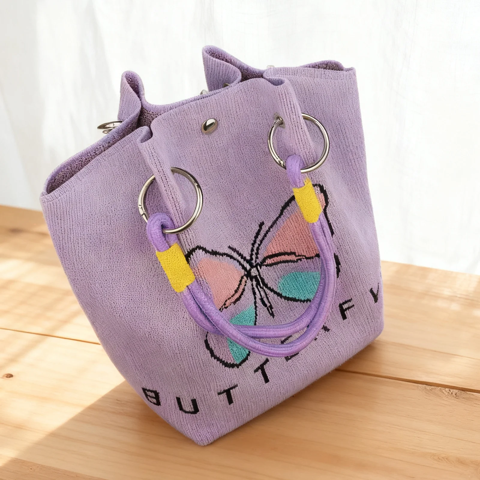 حقيبة يد محبوكة باللون الأرجواني اللطيف مع تصميم فراشة، حقيبة كتف ذات سعة كبيرة، حقيبة أزياء جمالية للنساء والفتيات