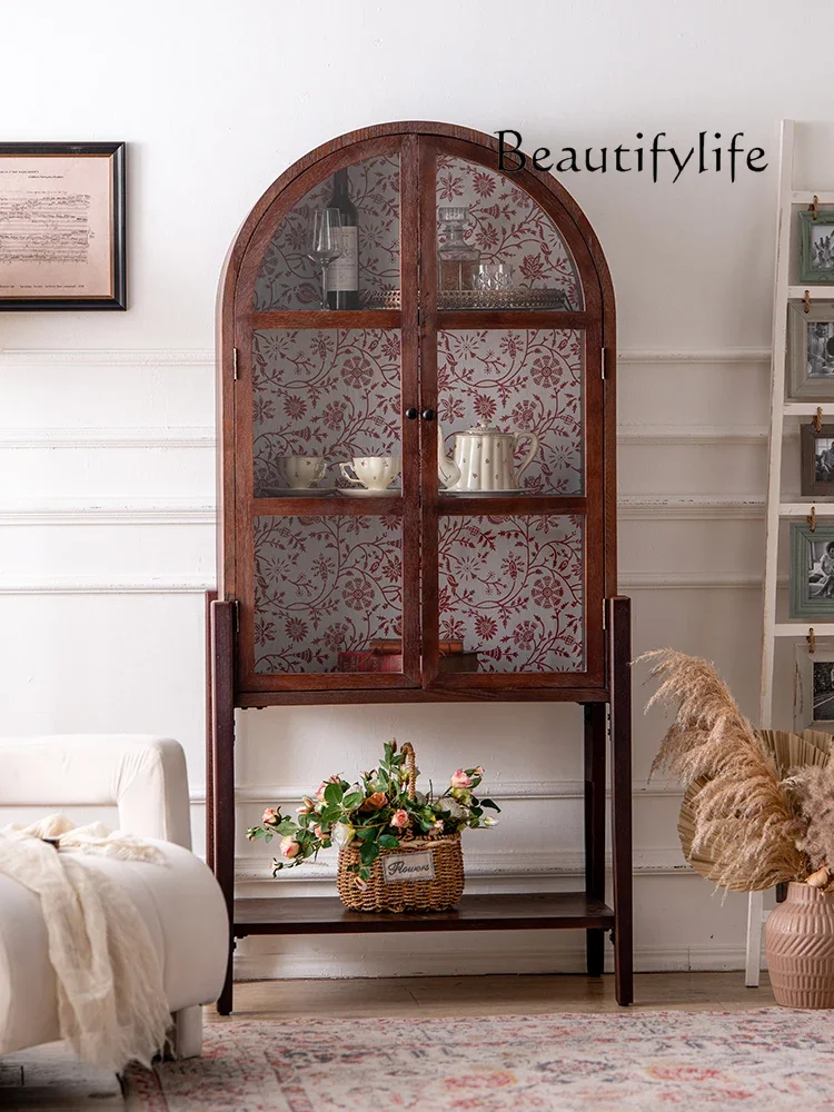 Cc French Retro Wine Display Cabinet Glass Door Solid Wood Living Room Wall Cabinet Tall Teak Color Medieval Locker