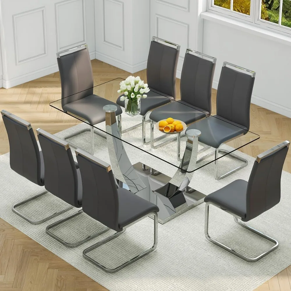 

71” Glass Dining Table Set,Kitchen Table and PU Leather Chairs for 8, Tempered Glass Top, Dining Table Set for 8