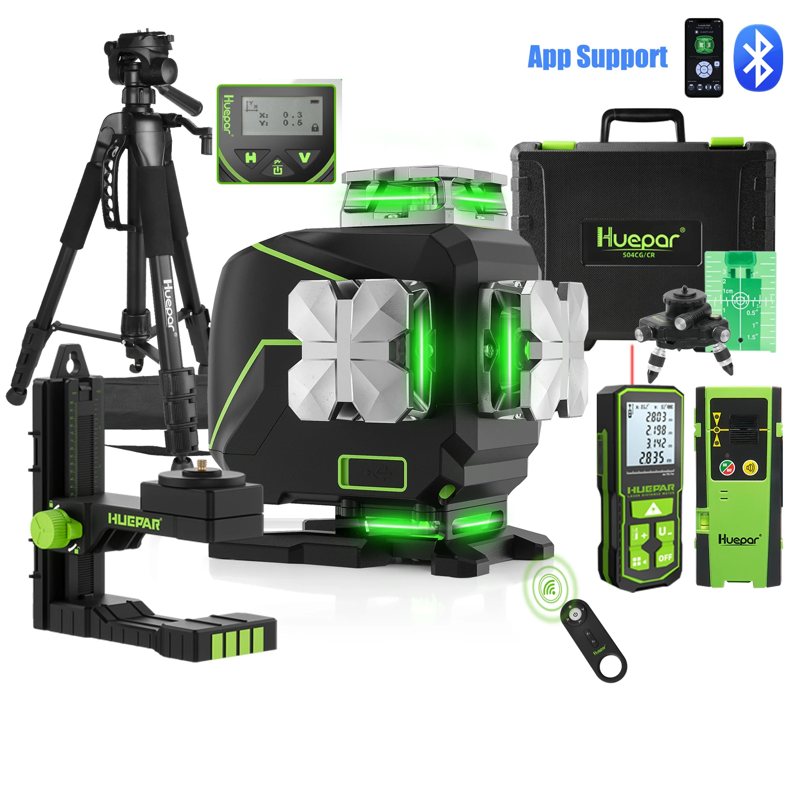 Huepar 16-Linien-Laser-Nivelliergerät S04CG Li-Ion Grüner Strahl Selbstnivellierendes Kreuzlinien-Nivellierwerkzeug mit LCD-Display, Fernbedienung & App-Steuerung