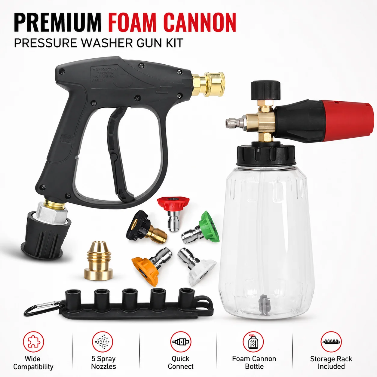 2175PSI High Pressure Washer Gun Kit with M22-14 Connector, 5 Spray Nozzles & Aluminum Foam Cannon Fit Nilfisk STIHL Bosch