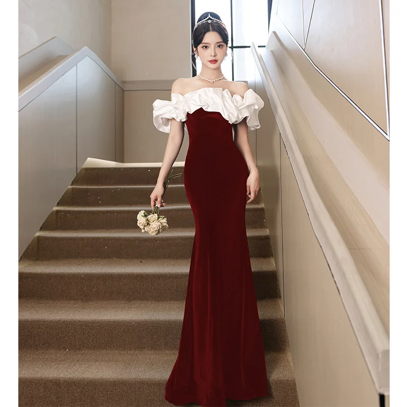 Robe de Bal en Velours Rouge Vin Élégante, Froncée, de Fiançailles, Luxueuse, Sirène, Longueur au Sol, pour Banquet Formel