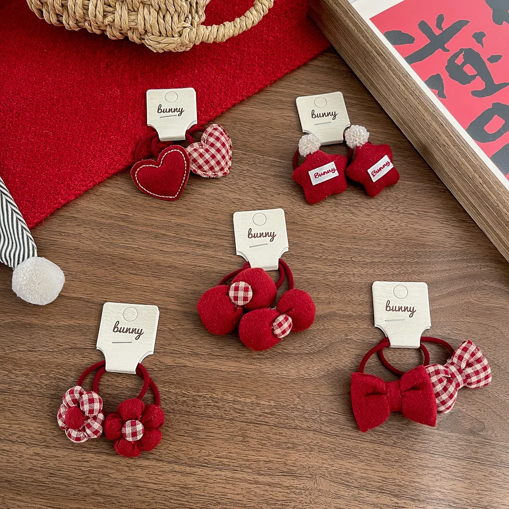 

2pcs Red Plaid Bow Rubber Band Star Elastic Hair Band Girl Hair Rope Tie Children's Hair Accessories Ponytail Holder Headwear