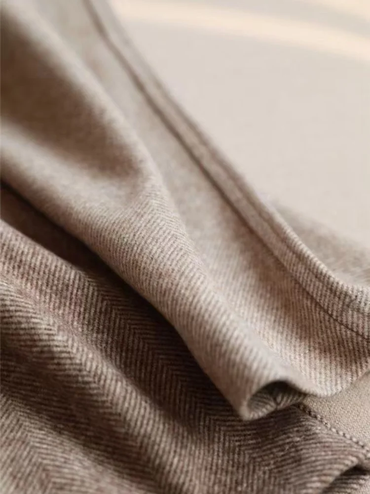 Beige Wool Pants for Women Autumn/Winter Casual Straight-Legged Trousers Woman\'s High-Waisted Work Pants with Zippered Pockets