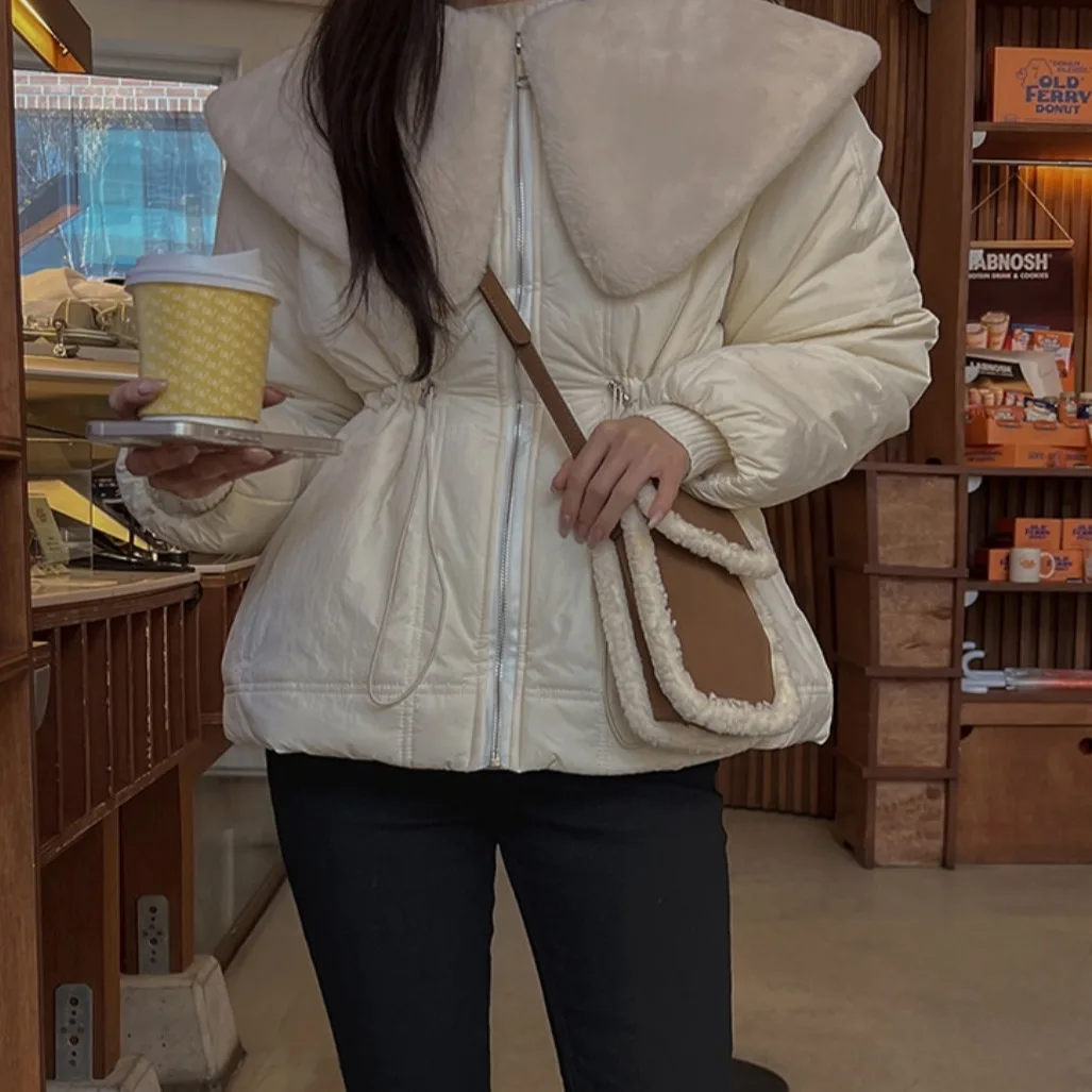 Dames katoenen Jaet bovenkleding Koreaanse Sle Chic herfst winter losse casual anti-aging grote kraag bont top