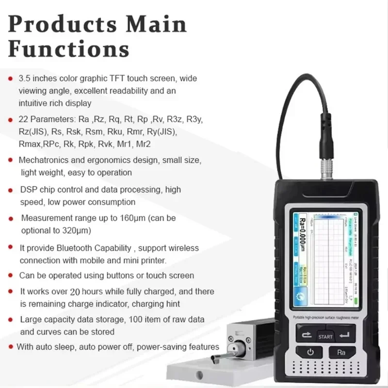 0.001um Precision Digital Graphic Surface Roughness Tester Touch 160μm Surface Roughness Meter Bluetooth Data PC Printer Probe