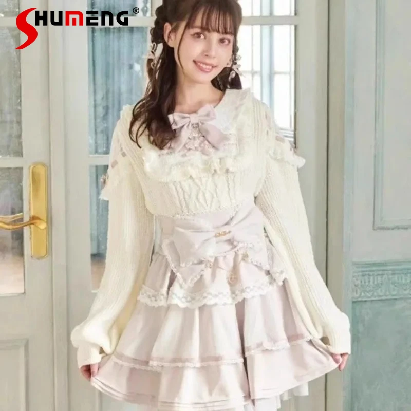 

Women's New Classic Layered Sweet Cute Short Cake Skirt High-waisted Lace-up Mini Skirts Japanese Lolita SC Style Bowknot Skirts