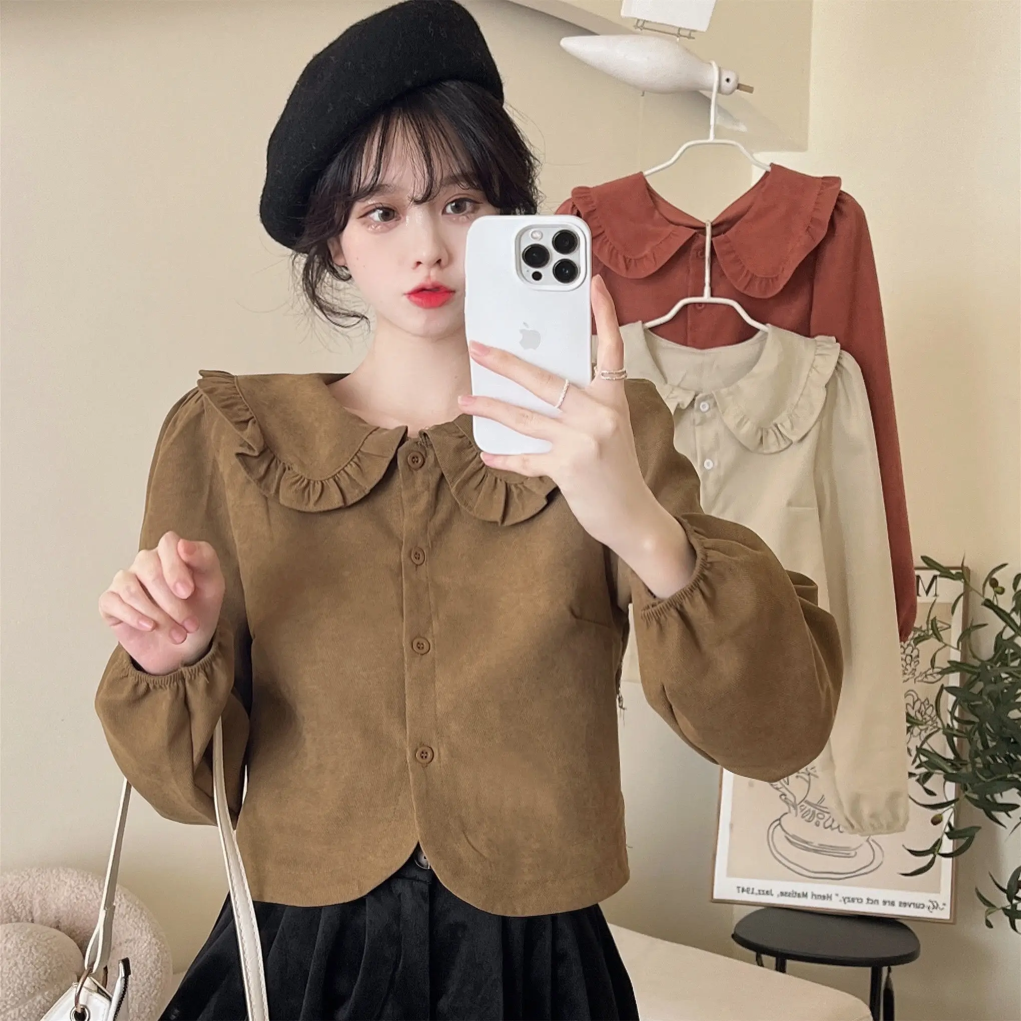 Shirts Women Sweet Vintage Solid French Style Gentle Peter Pan Collar Ruffles Simple Autumn Fashion All-match Casual Chic Loose