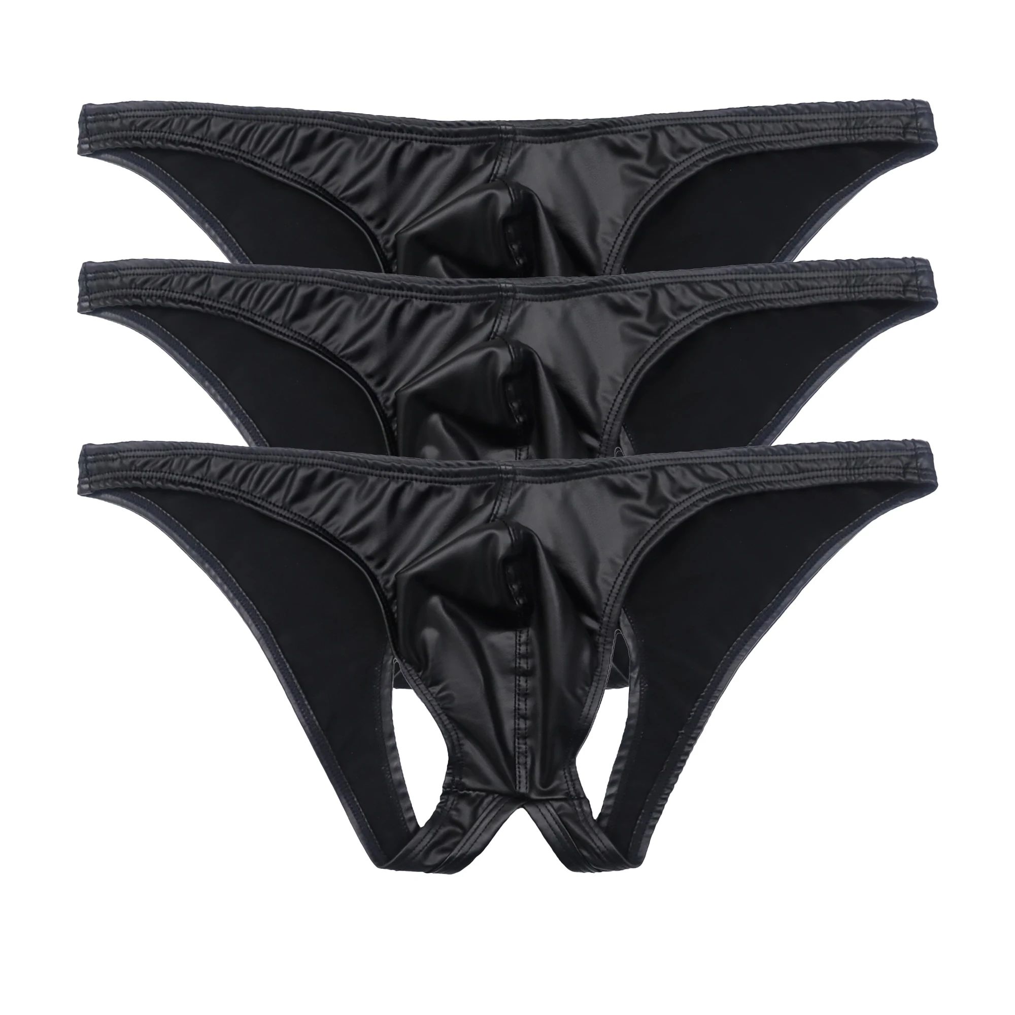 الرجال 3 قطعة ملابس داخلية جلدية مثيرة بولي كلوريد الفينيل لامعة منخفضة الخصر المثيرة ثونغ الأسود بيكيني السروال رجل منتفخ القضيب حقيبة الملاكمة ملخصات #5