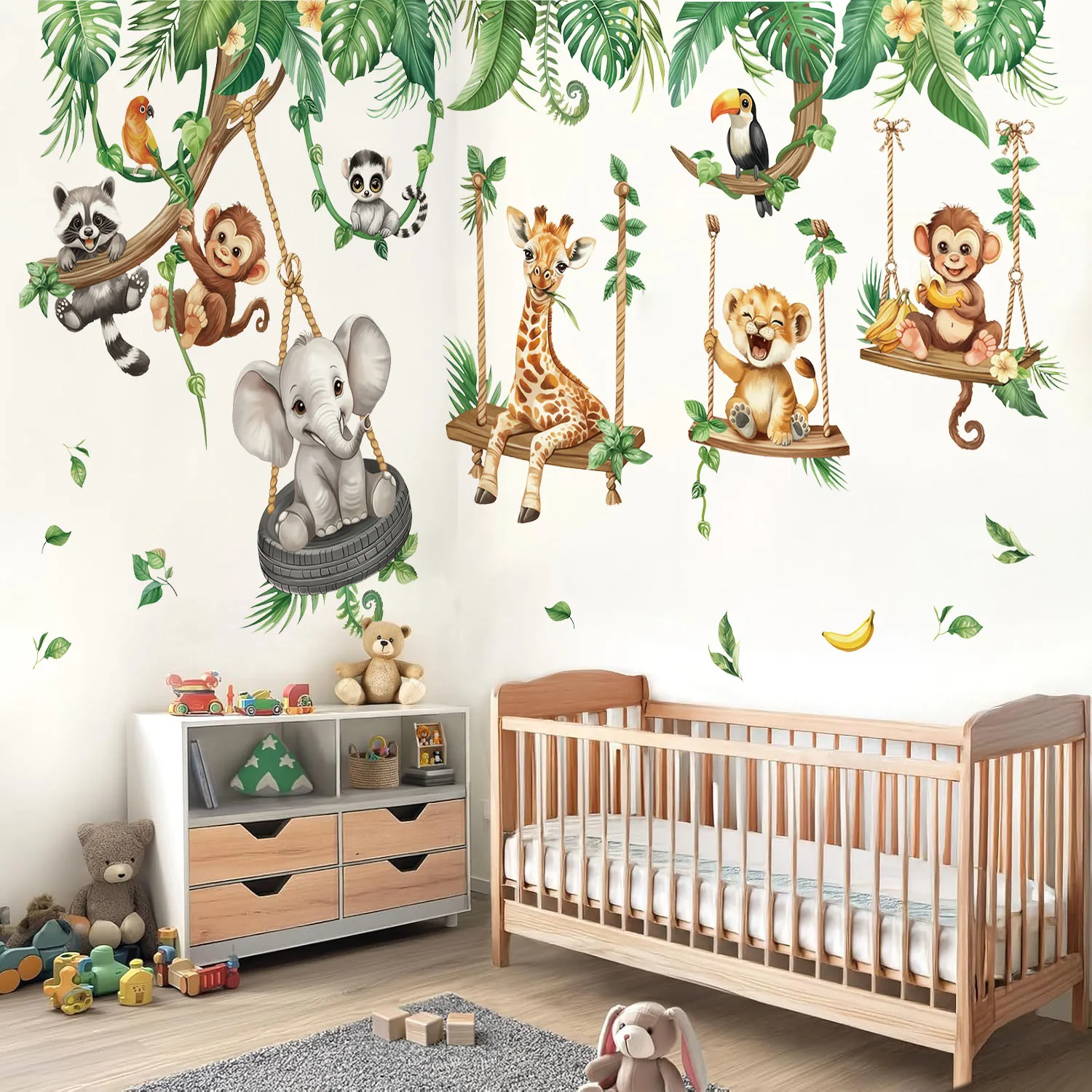 Cartoon-Wandaufkleber mit Dschungeltieren auf Schaukeln, Safari-Tier, Elefant, Giraffe, Affe, tropische Blätter, Wandaufkleber, Schlafzimmer-Dekoration