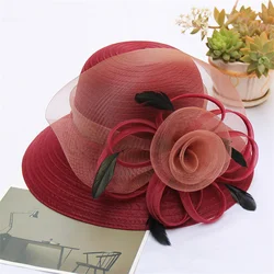 Big Flower Summer Sun Hat For Women Luxury Feather Blue Pink Bucket Hat Organza Ladies Beach Hat For Female Solid Feather Cap