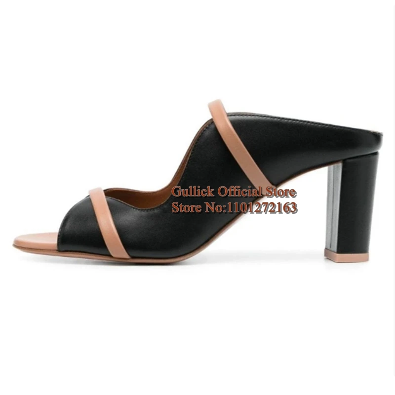 Double Straps Women Mules Shoes Black Patent Leather Peep Toe Slip on Chunky Heels Summer Slippers PU Female Footwears