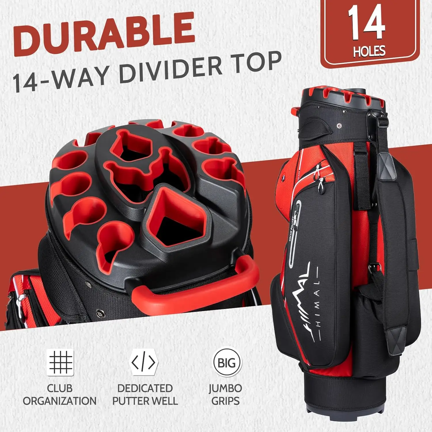 Comprimento total Divisor Top Golf Bag para homens, alças e Rain Cover