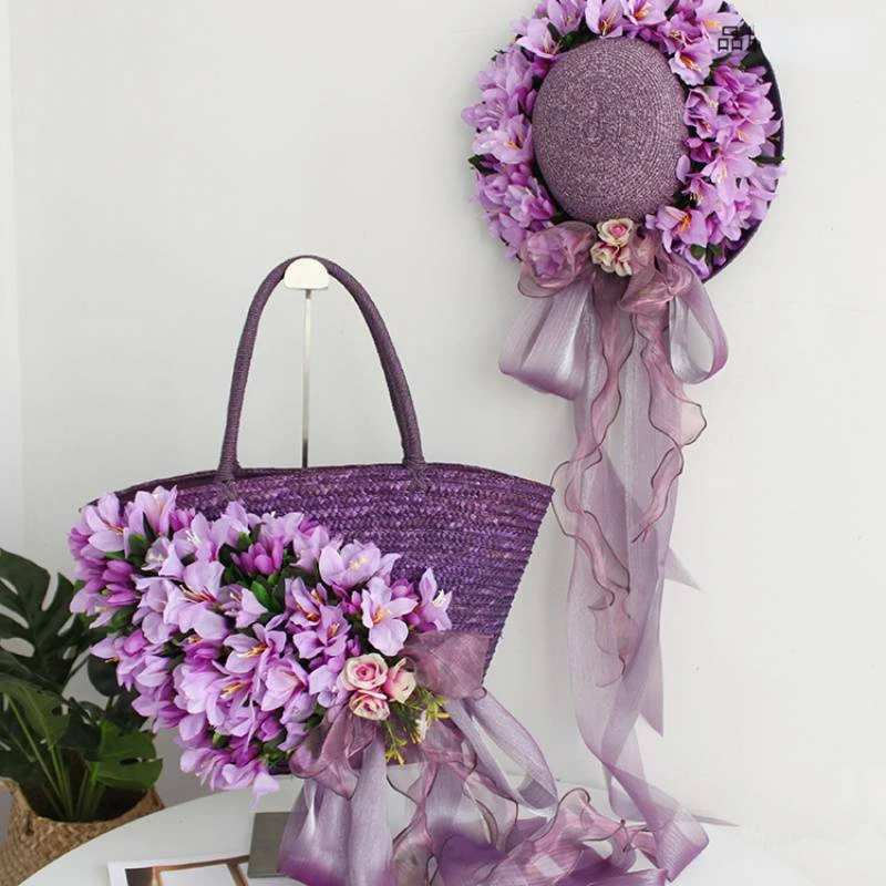 Fashion elegant runway style purple garland ribbon sun visor hat women's travel seaside beach sunscreen woven hat