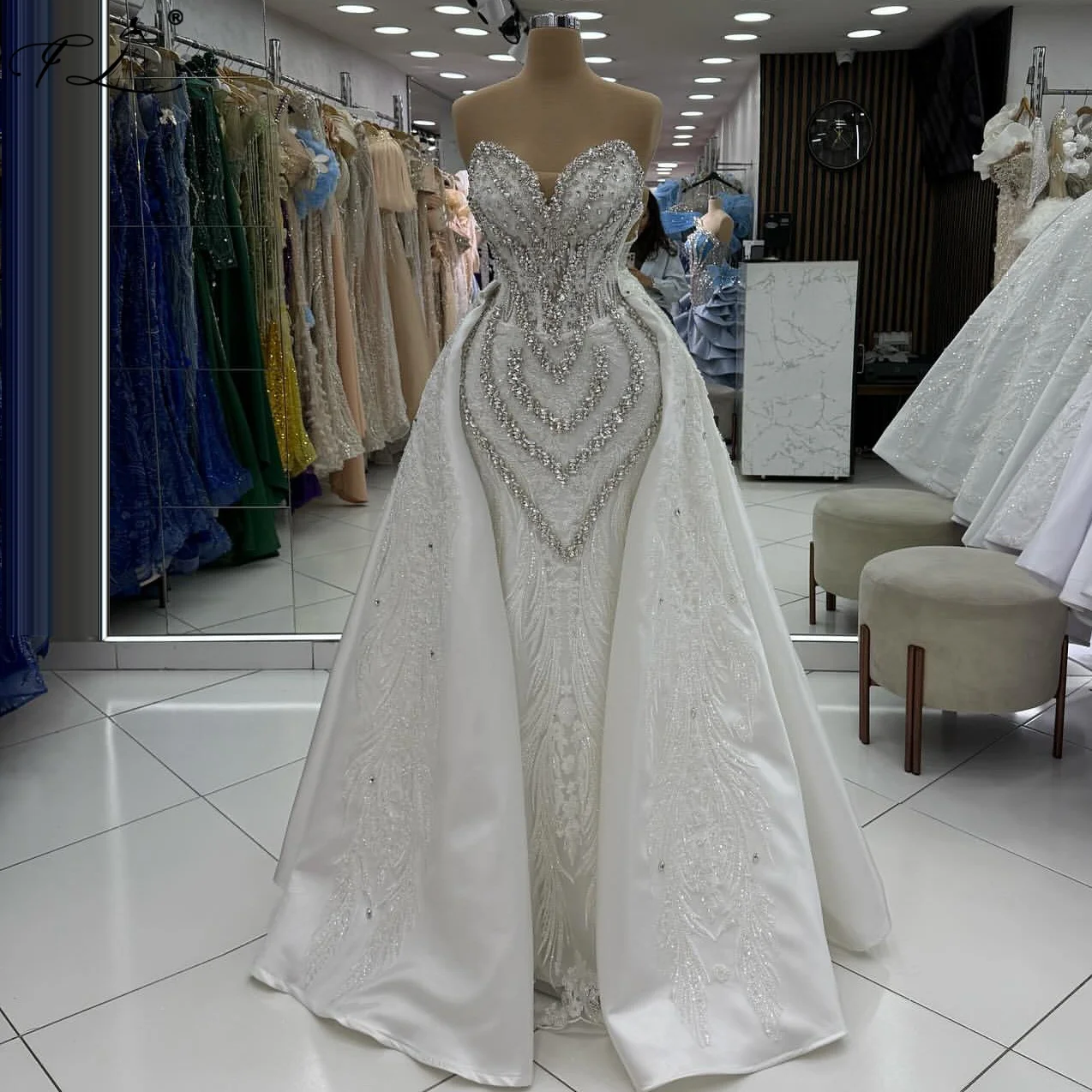 

Beaded Crystal Wedding Dress With Detachable Train Strapless Mermaid Evening Gown Party Dress New Wedding Dresses Customization