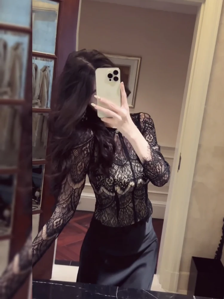 

Sexy Lace Trim Base irt Spring Hollow out Slimming Top Ele Versatile Long Sve round Ne Casual Women's Blouse