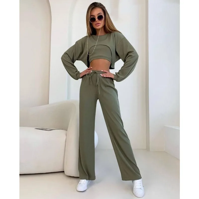 Three-piece Suit Women Y2k Crop Top Underwear Pants Sets Sportswear Hollow Out Sexy Slim O-neck Long Sleeve Tops Solid New