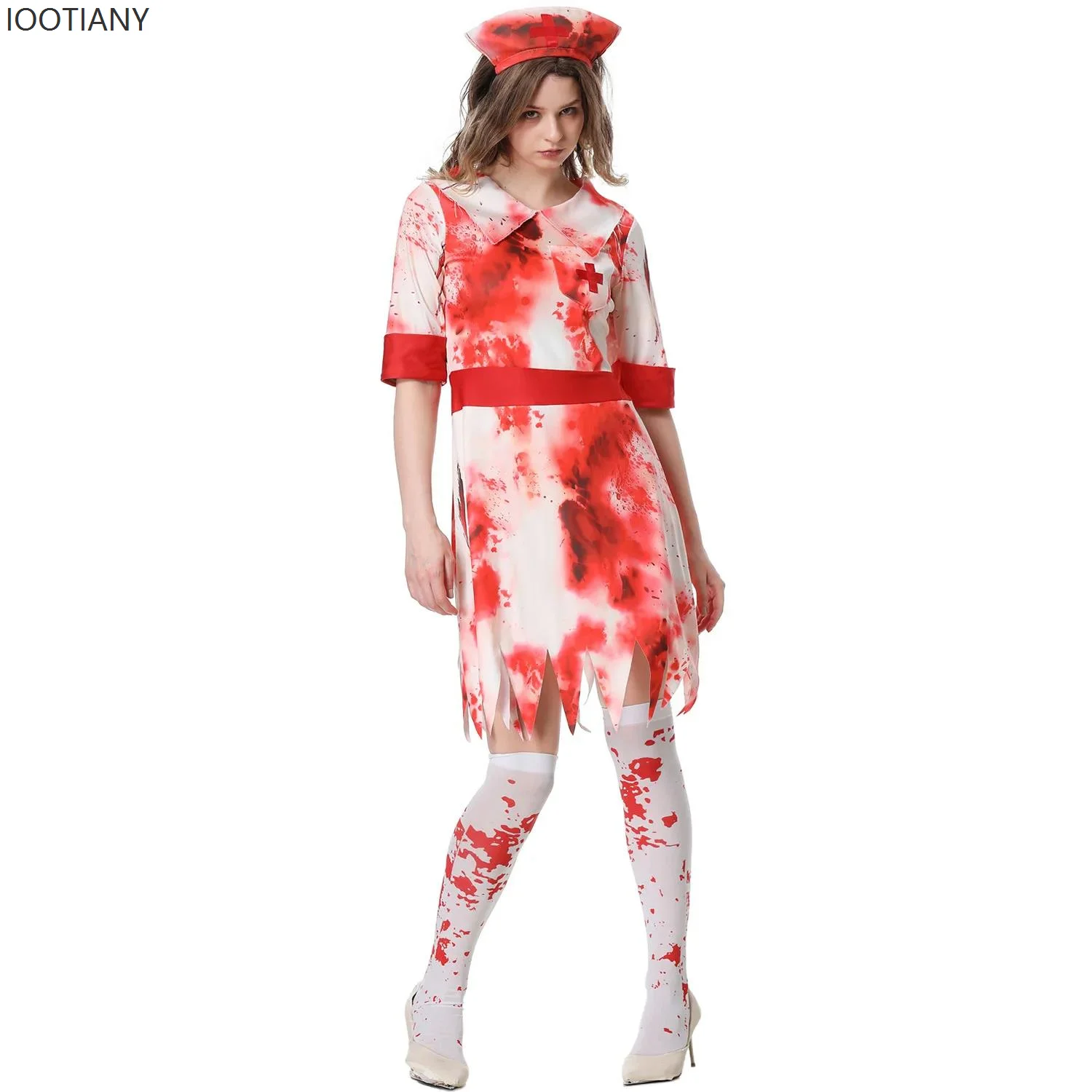 Women's Vampire Blood Nurse Cosplay Uniform Bloodstained Damaged White Dress Halloween Haunted House Party Zombie Costume 2025 - Image 4