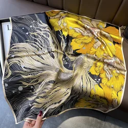 Summer New Goldfish Peony Chinese Style Retro Flower 100% Silk Scarf For Women Mulberry Silk 68CM Square Kerchief Handbag Strap
