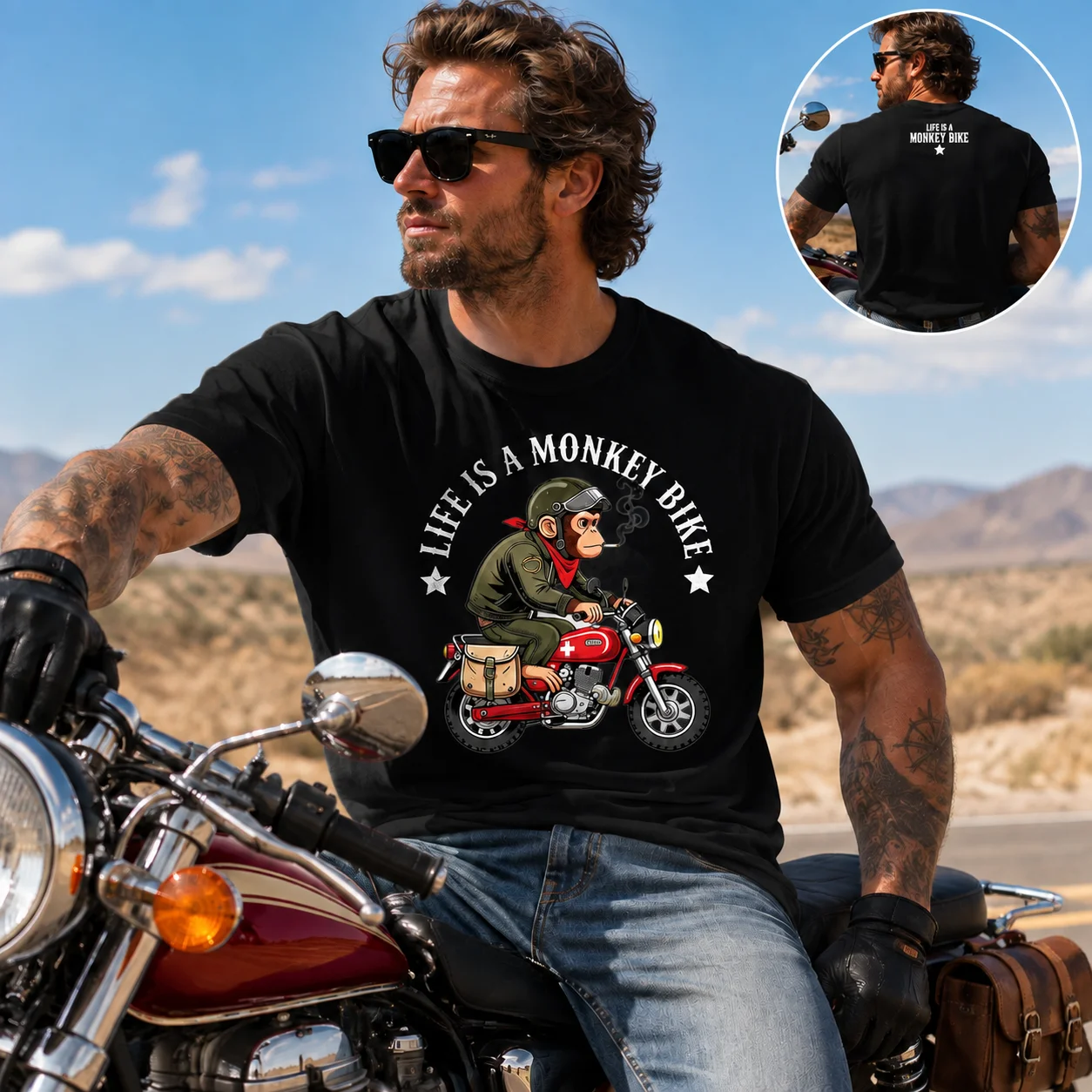 Y2K-Style Biker T-Shirt (Size L / Black / Chopper Style / Vintage Wash / Unisex / Versatile & Breathable / Casual & Stylish)