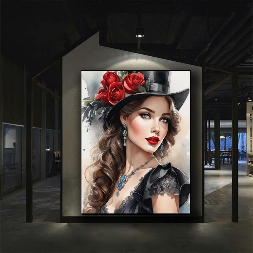 Mysterious Hat Woman 5d Diy Diamond Painting New 2025 Full Diamond Mosaic Embroidery Gothic Lady Picture Home Decor