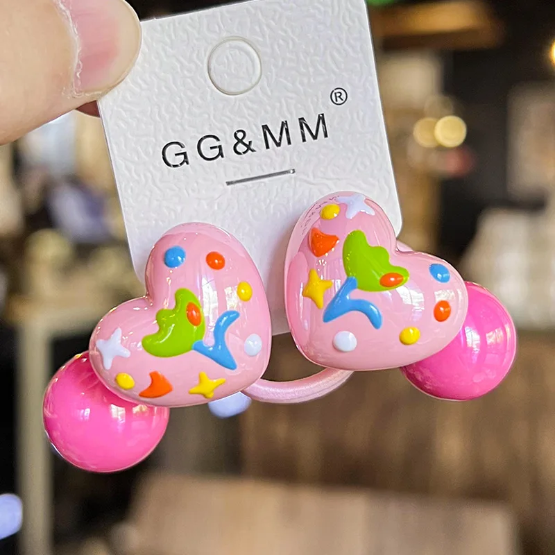 Korean Style Hair Ties Colorful Hand Painted Hearts Elastic Cute Ponytail Holders for Children Daily School Premium Sturdy