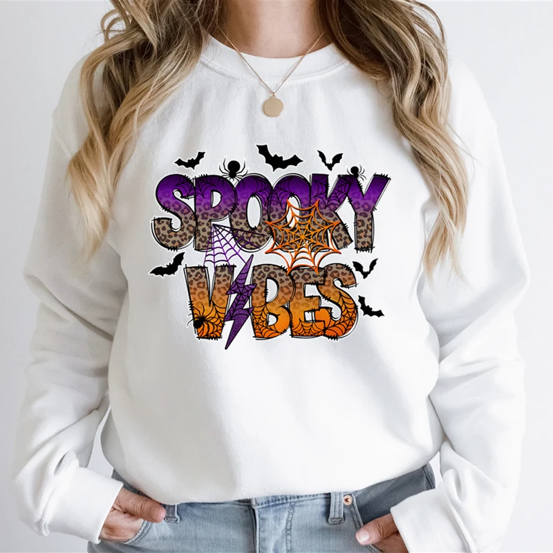 Women's Sweatshirts Funny Halloween Leopard Spooky Vibes Classic Hoodie Female/Male Retro Spooky Vibes Halloween Gift Sweatshirt