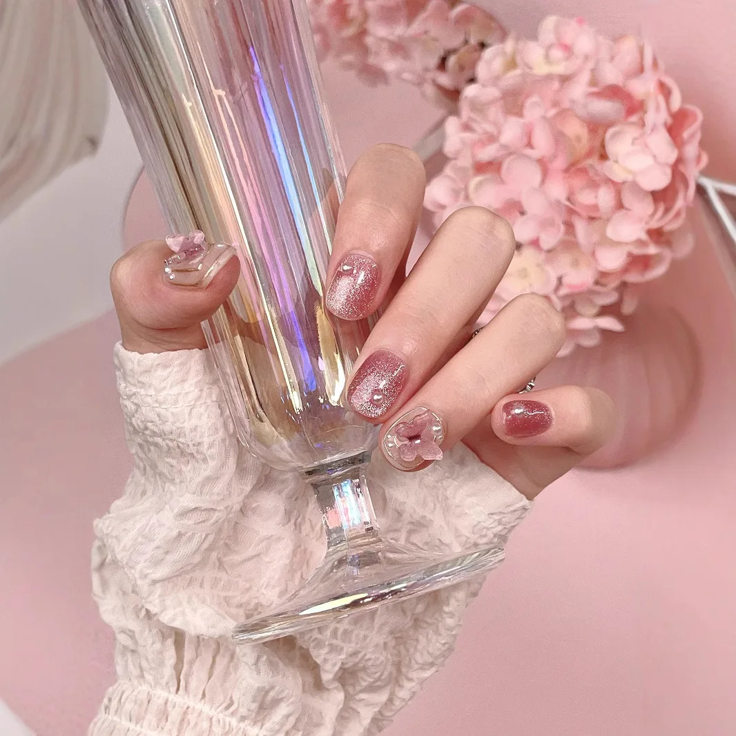 10pcs Cat's Eye 3D Ice Transparent Butterfly Hand-painted Press on Nails Manicure Wearable Nail for Women and Girls False Nail