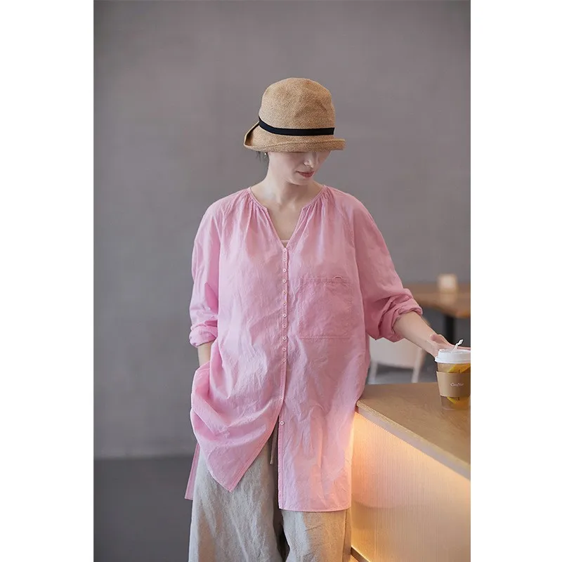 

Breathable Cotton Linen Women's irt V-Ne Open Front Light Weight Summer Spring Autumn Tee Seasons Thin Pink 00 Stitche...