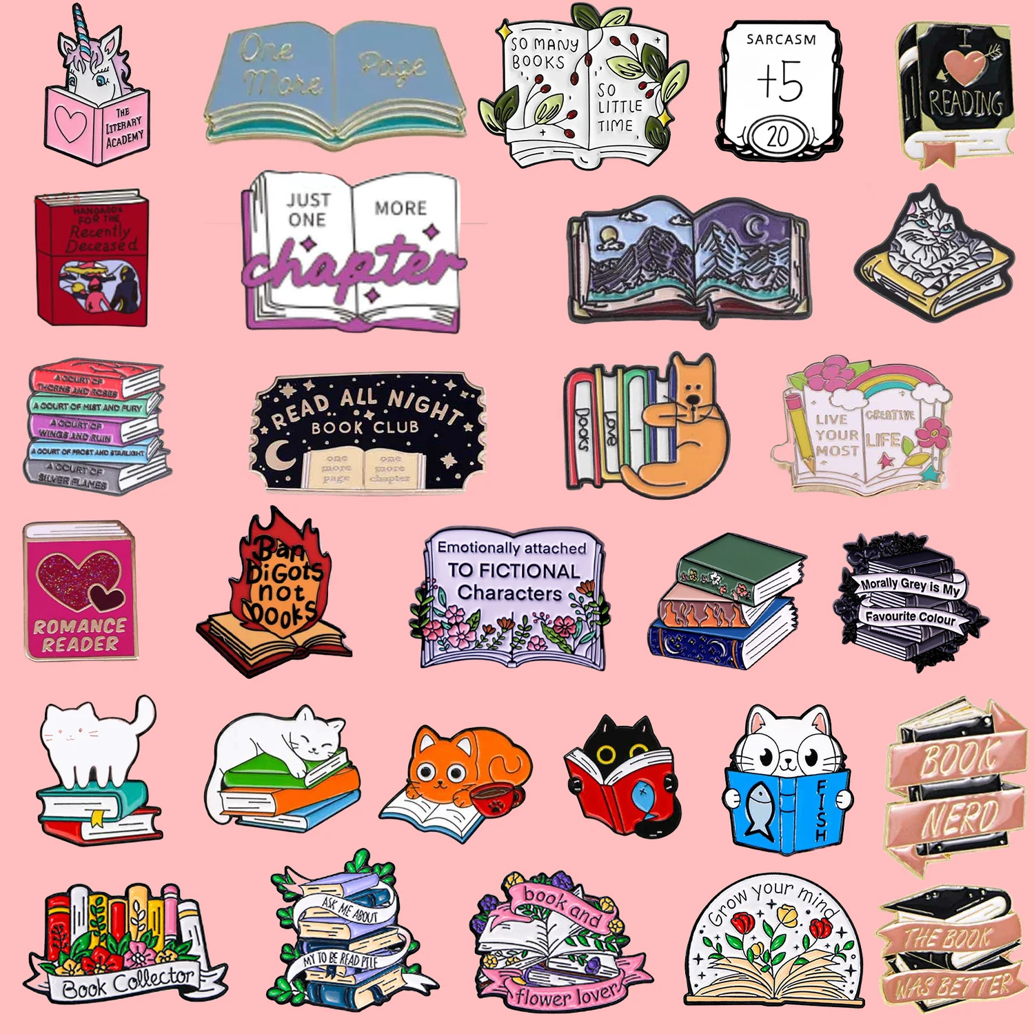 Reading Lover Enamel Brooches Mixed Book Cat Pattern Lapel Badge Fashion Clothing Backpack Decor Accessory Gift for Readers
