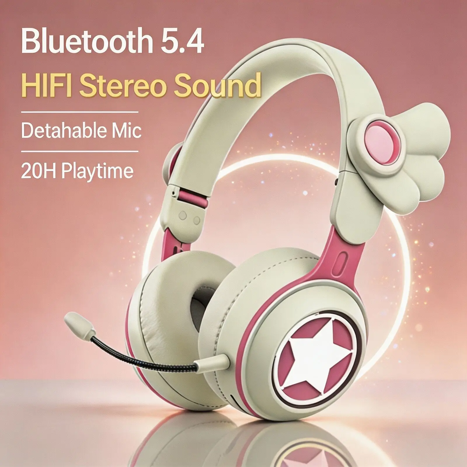 Cute Star Wings Wireless Headphone Bluetooth 5.4 Removable Mic 40MM Driver HIFI Stereo Gaming Over-Ear Headset Girls RGB Light