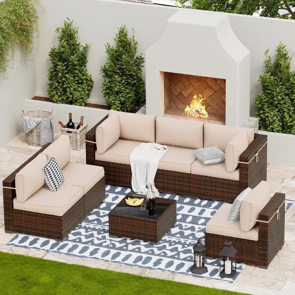 Juego de muebles modulares de mimbre para Patio exterior, conjunto de sofá seccional con mesa de centro, 7 piezas (Incluye funda de sofá)