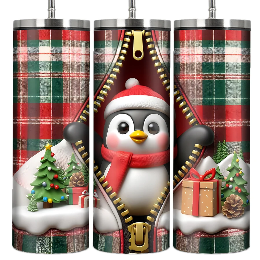 20oz Party Mug Straw Lid Stainless Steel Large Capacity Cups Hot Cold Print 3D Penguin Snowman Bottle Xmas Party Home Supplies