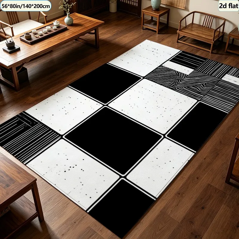 Black White Patchwork Tile Carpet Flooring, Modern Abstract Line Print Area Rug Anti‑Slip Floor Mat for Office Living Room Home Decoration