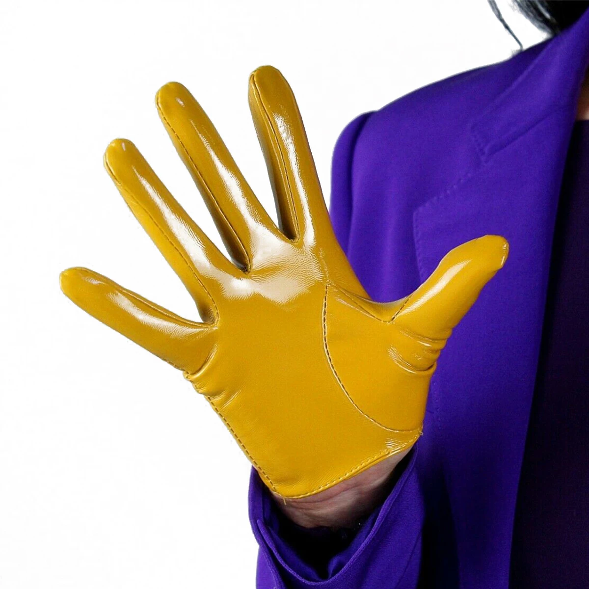 DooWay Women's Shine Yellow Short Leather Gloves Faux Patent Latex Wet Look Opera Evening Party Dressing Costume Cosplay Glove