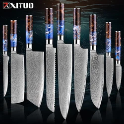 Kitchen Knives Set 1-9 PCS Sharp Chef Knife Santoku Knife Boning Knife Cooking Tools Damascus Steel Blade Cut Meat Bread Fruit