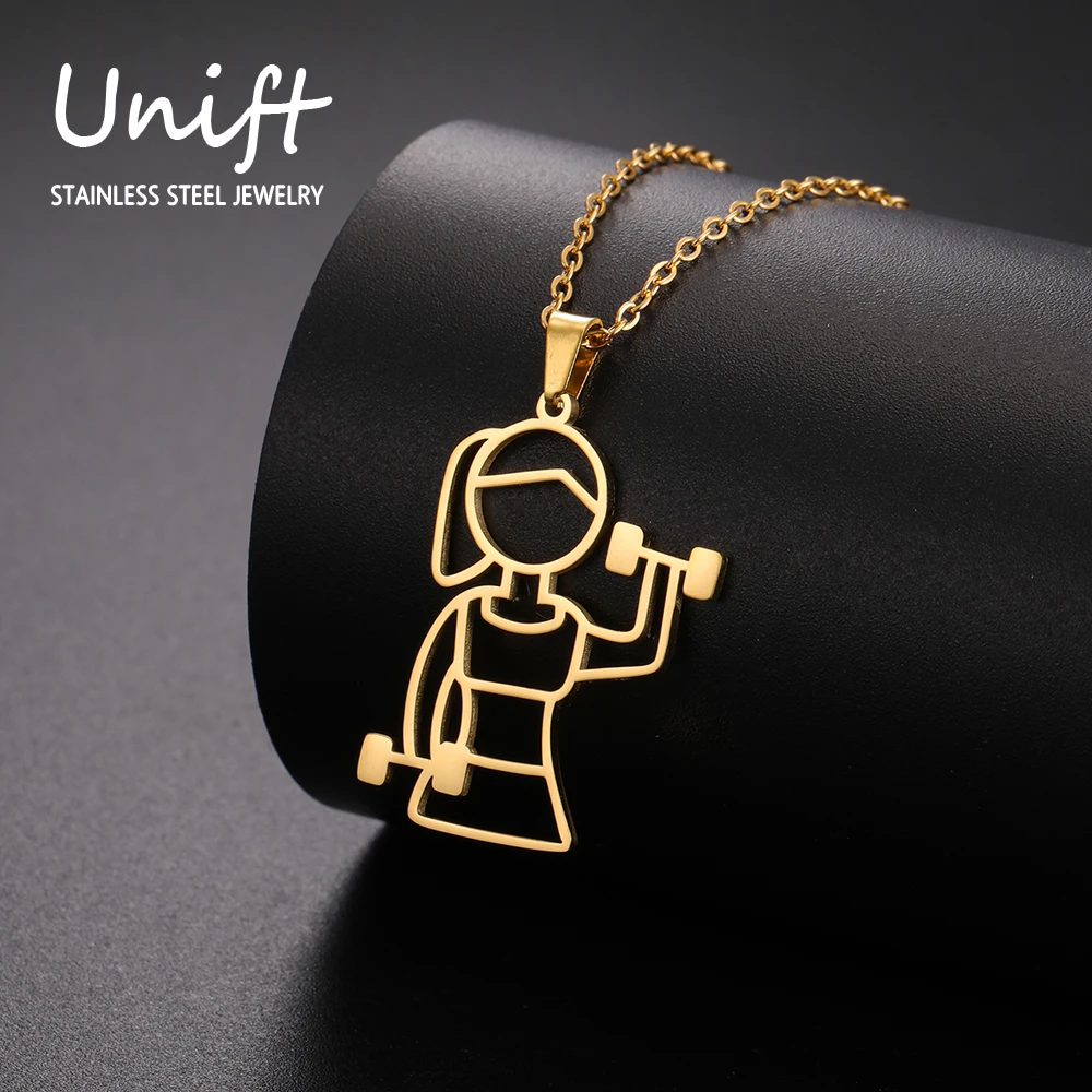 Unift Hollow Weight Lifter Bodybuilder Women Necklaces Fashion Sporty Power Girl Gym Fitness Jewelry Stainless Steel Neck Chain