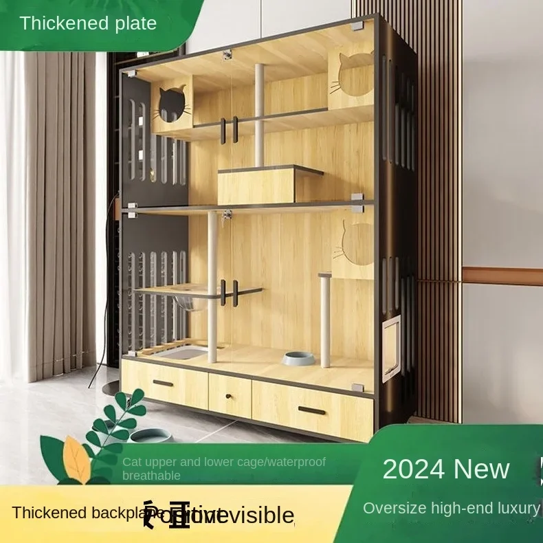 High End Oversized Multilevel Design Wooden Cat Villa Cat Cage Pet Nest Pet House with Wheels Transparent Panel