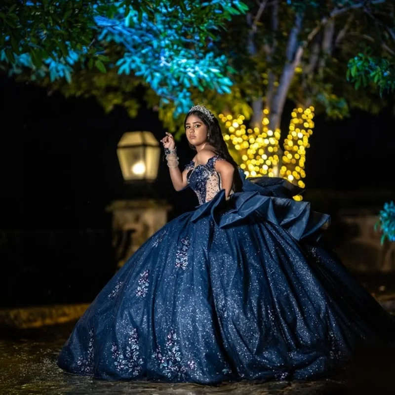 

Shiny dark blue Quinceanera Dress Crystal Glitter flower Decal off-shoulder Bow Long tail Vestidos De 15 Quinceanera ﻿Customize
