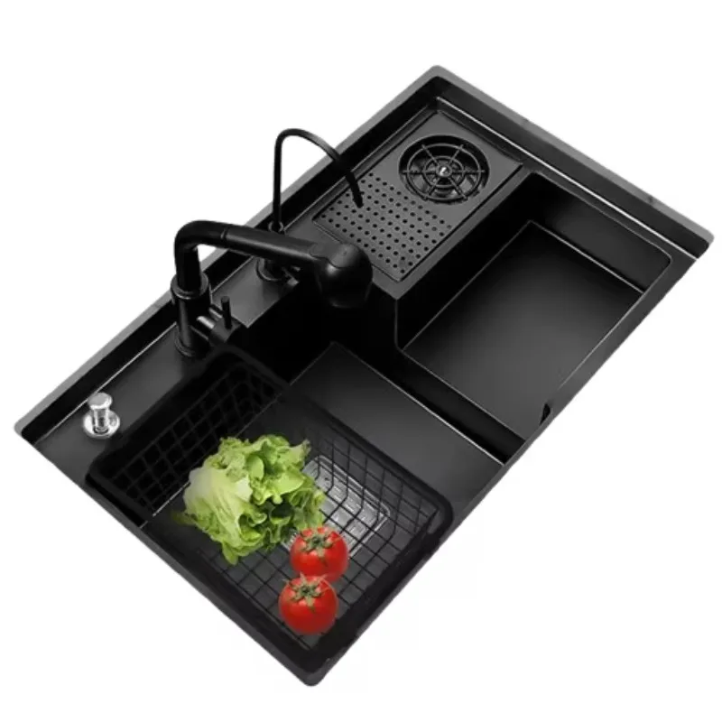 Modern Black Single Bowl Undermount Stainless Steel Kitchen Sink Multifunctional Double Waterfall Faucet Brushed Surface