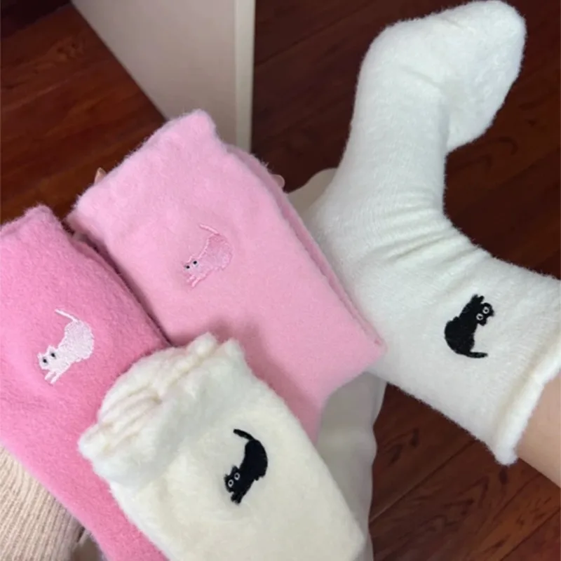 Cute Cat Plush Sock Winter Women Girls Thickened Warm White Middle Tube Socks Fashion Daily Soft Comfortable Sleep Floor Socks