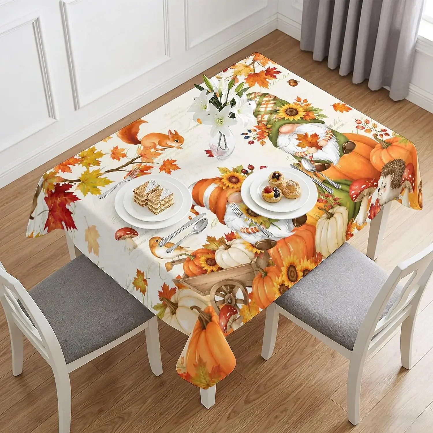 Fall Thanksgiving Pumpkins Gnomes Print Tablecloth for Table Decor Autumn Maple Leaves Squirrel Table Cloth Holiday Party Decor