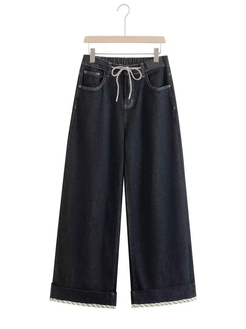 Loose Fit Lazy Style Drawstring Denim Jeans High Waist Wide Leg Pants Retro Women's Autumn Fashion plus Size Slimming Effect