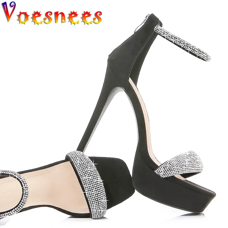 Summer Sexy Ladies High Heels 13CM Club Stage Show Shoes Shiny Rhinestone Wedding Women Pumps Black Suede Platform Party Sandals